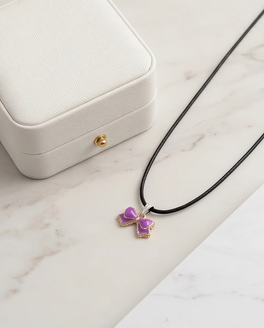 Glossy Purple Bow Enamel Pendant Necklace
