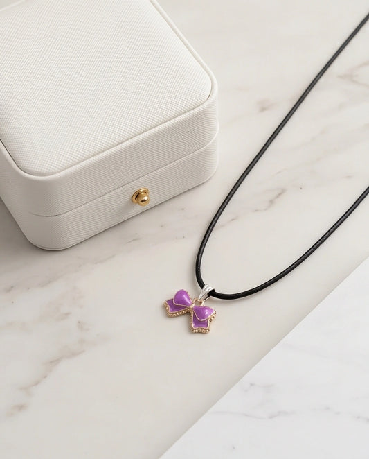 Glossy Purple Bow Enamel Pendant Necklace