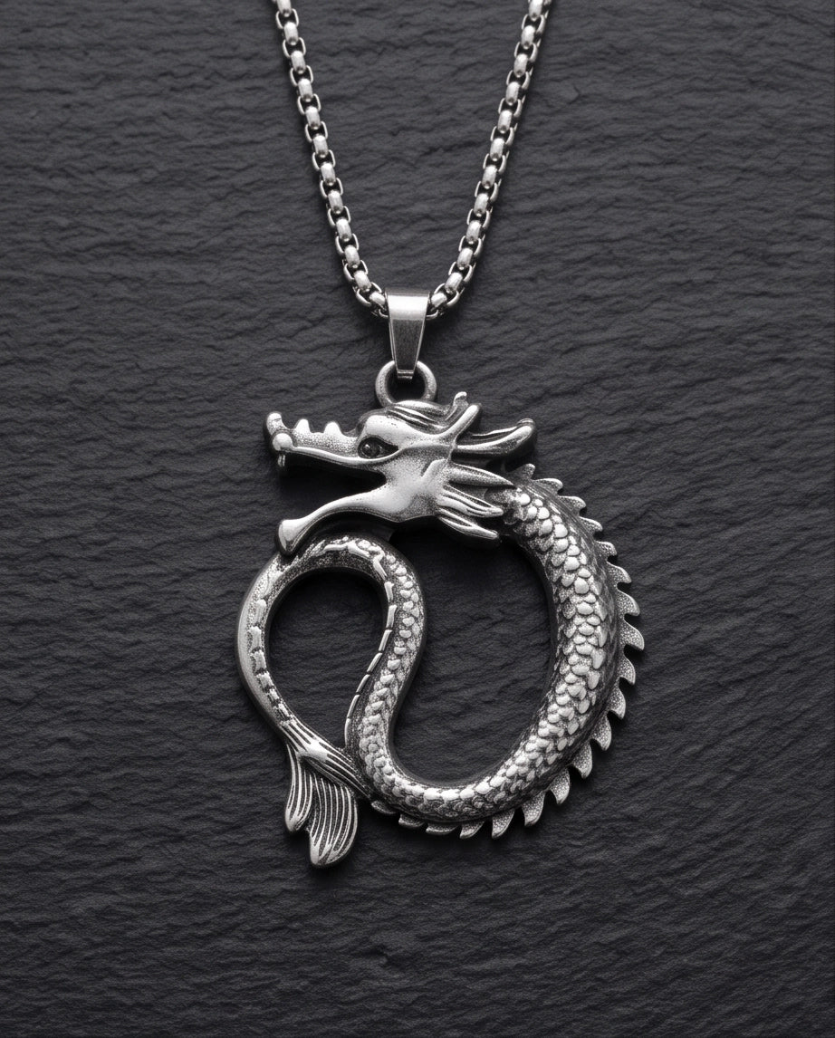 Silver Coiled Ouroboros Dragon Pendant Necklace