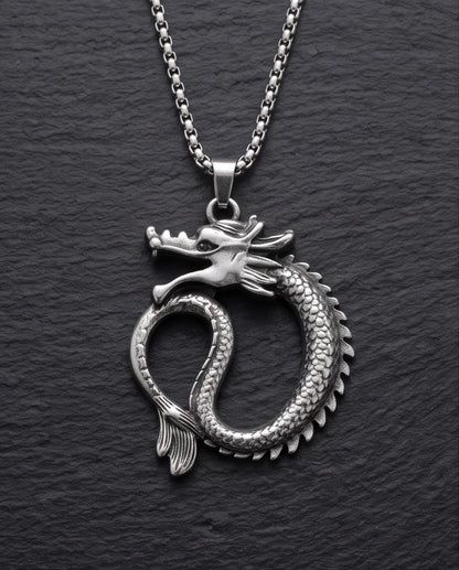 Silver Coiled Ouroboros Dragon Pendant Necklace