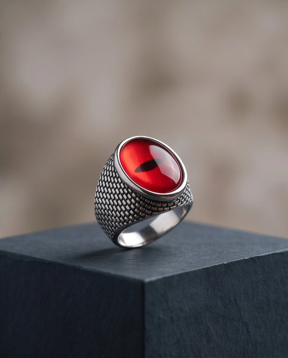 Ruby Slit-Pupil Mesh Silver Ring