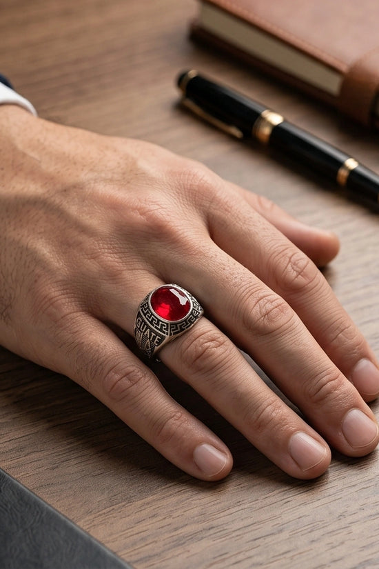 Vintage Greek Key Ruby Red Gemstone Ring