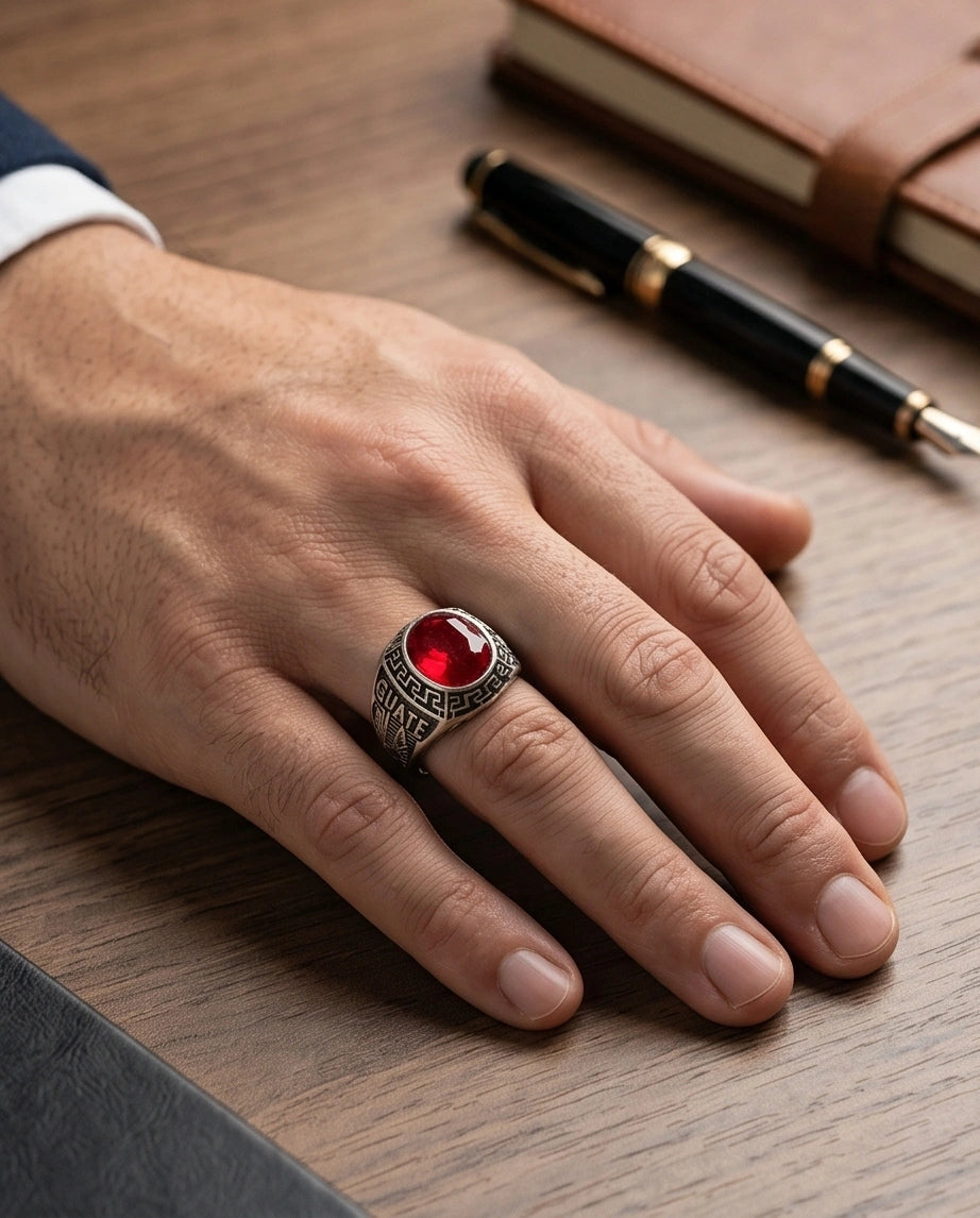 Vintage Greek Key Ruby Red Gemstone Ring