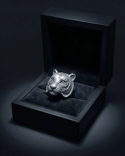 Oxidized Silver Sculpted Tiger Signet Ring