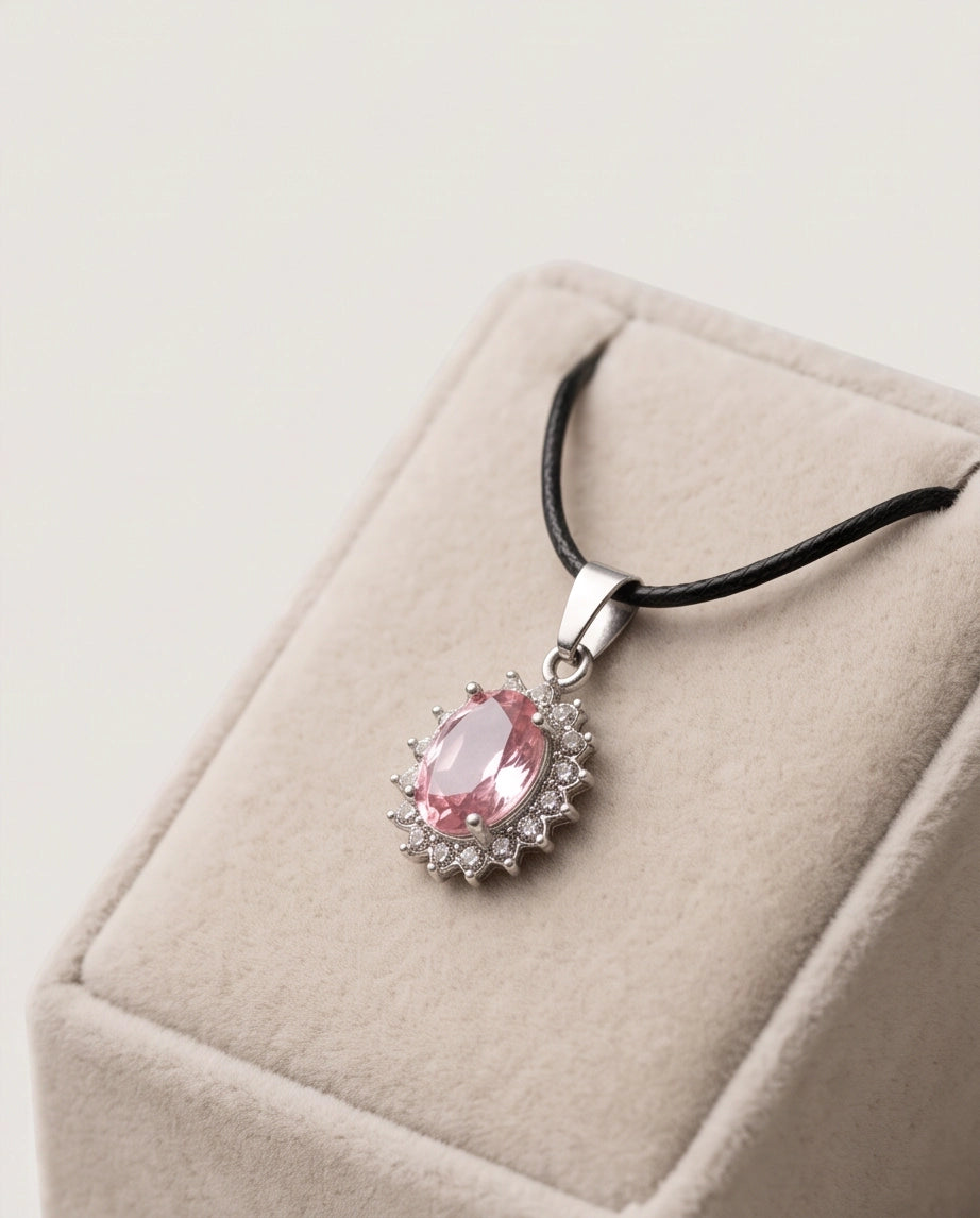 Silver Pink Crystal Oval Halo Medallion Pendant Necklace