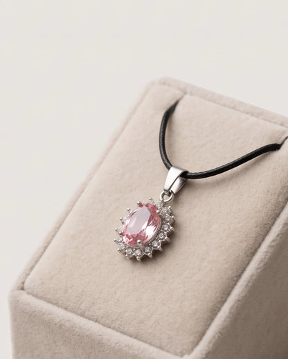 Silver Pink Crystal Oval Halo Medallion Pendant Necklace