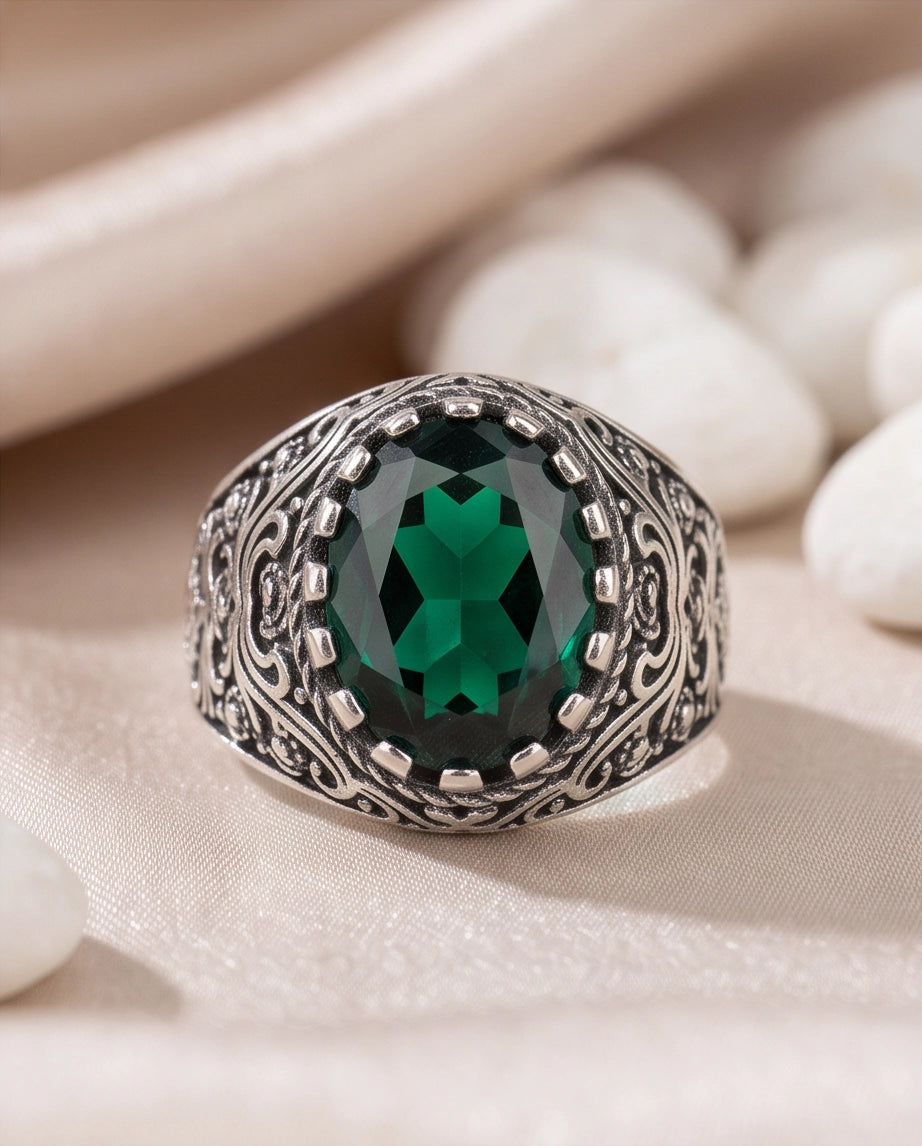 Deep Emerald Oval-Cut Gemstone Ornate Filigree Silver Ring