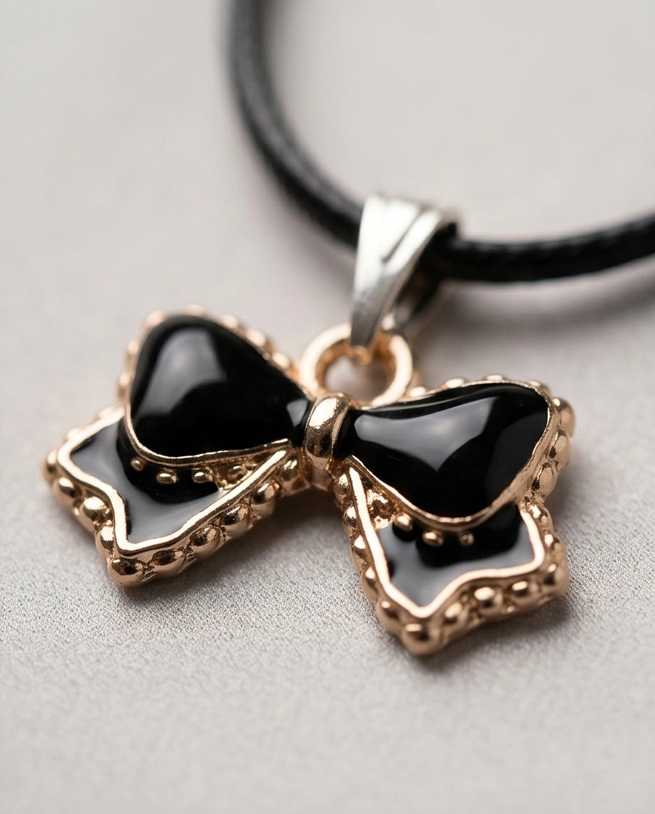Gold and Black Ribbon Bow Necklace