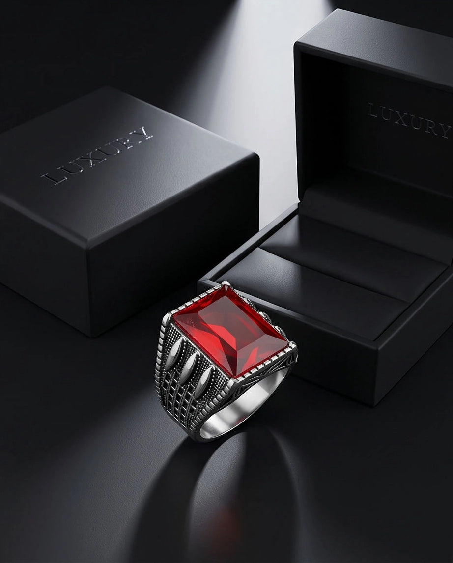 Oxidized Silver Emerald-Cut Garnet Textured Signet Ring
