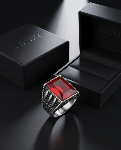 Oxidized Silver Emerald-Cut Garnet Textured Signet Ring