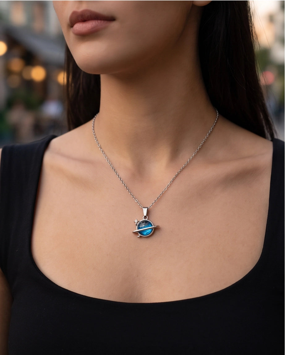 Silver Cosmic Saturn Galaxy Ring Pendant Necklace