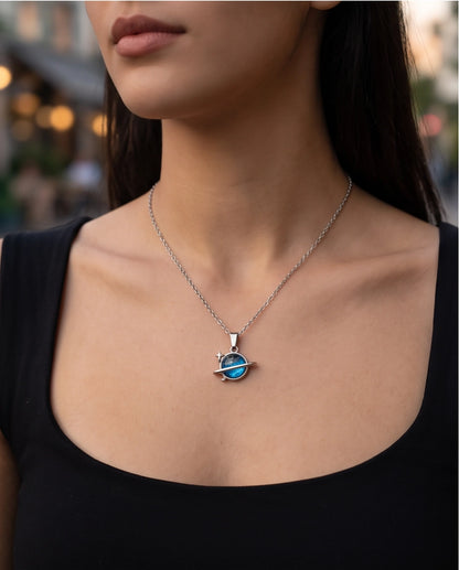 Silver Cosmic Saturn Galaxy Ring Pendant Necklace