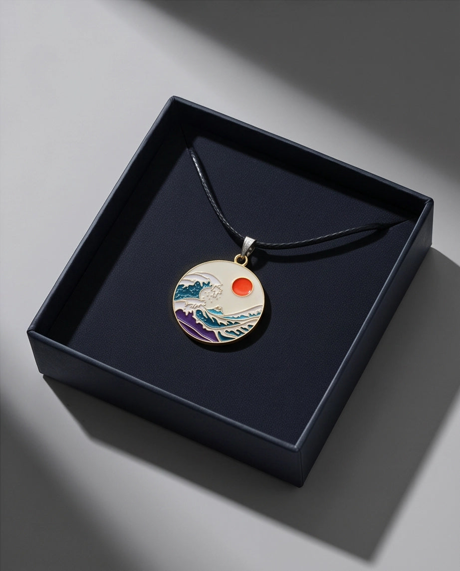 Great Wave & Sun Medallion Pendant Necklace