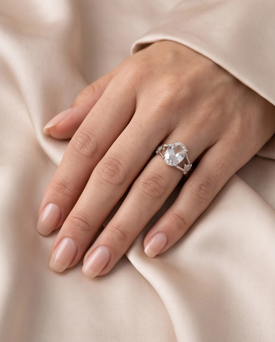 Silver Oval Quartz Botanical Solitaire Ring