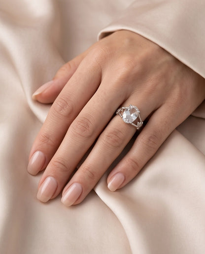 Silver Oval Quartz Botanical Solitaire Ring