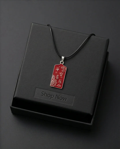 Traditional Red Rectangular "Ping An Xi Le" Blessings Pendant Necklace