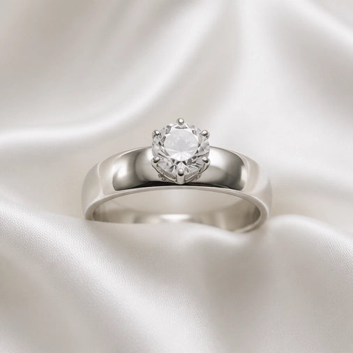 Silver Round Gemstone Classic Solitaire Ring
