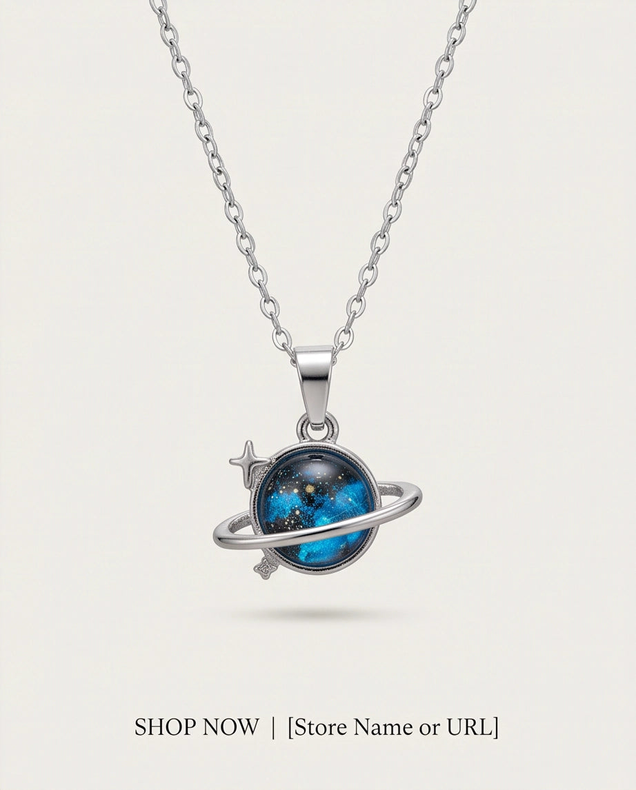 Silver Cosmic Saturn Galaxy Ring Pendant Necklace