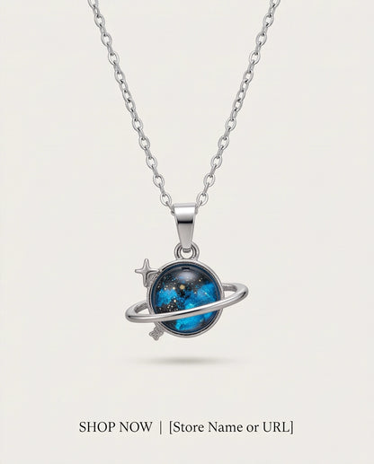 Silver Cosmic Saturn Galaxy Ring Pendant Necklace