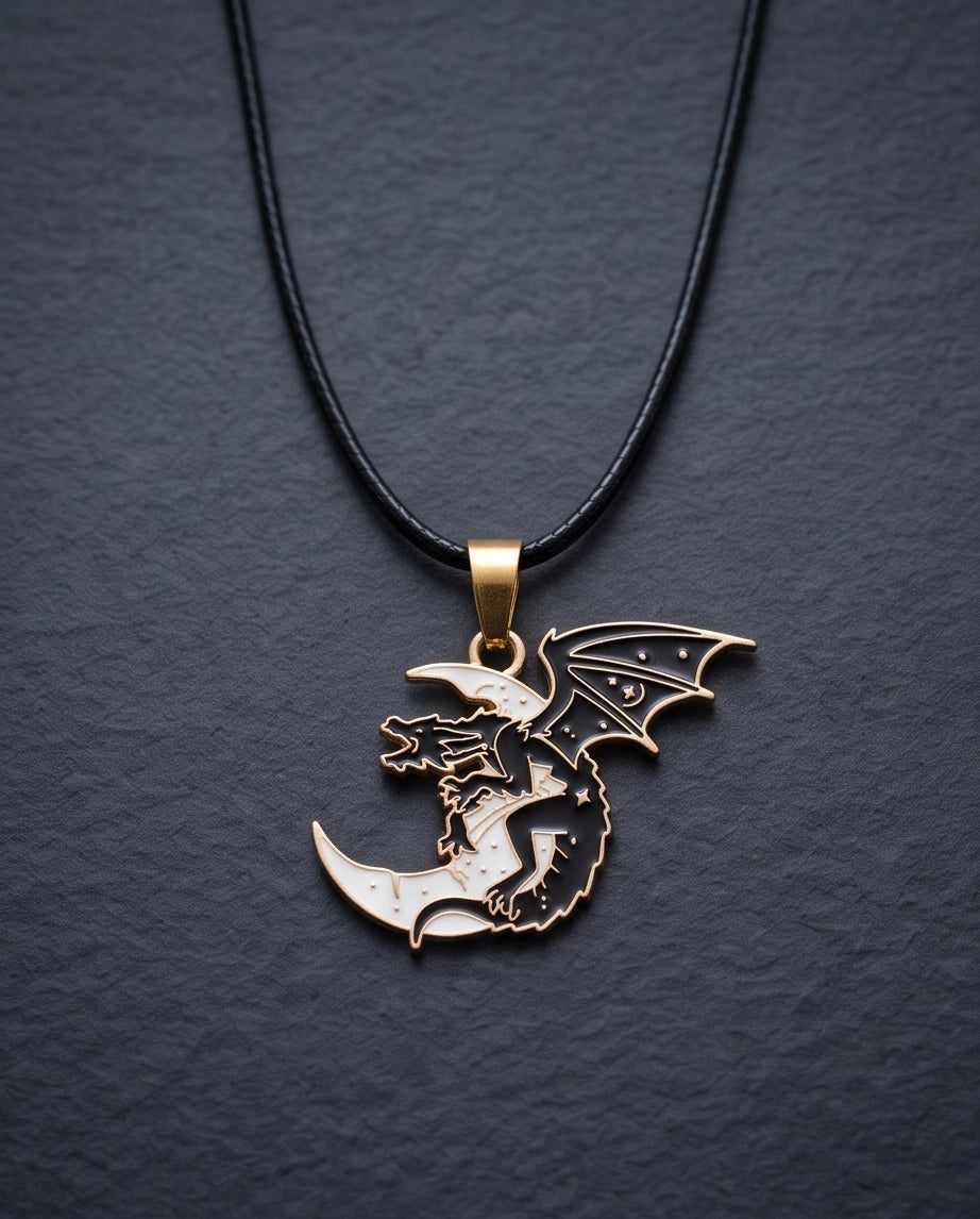 Gold Celestial Dragon White Crescent Moon Enamel Pendant Necklace