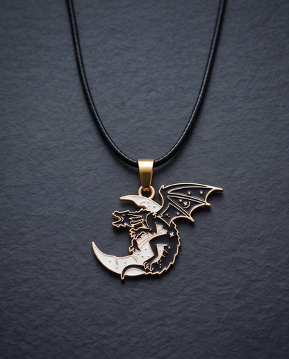 Gold Celestial Dragon White Crescent Moon Enamel Pendant Necklace