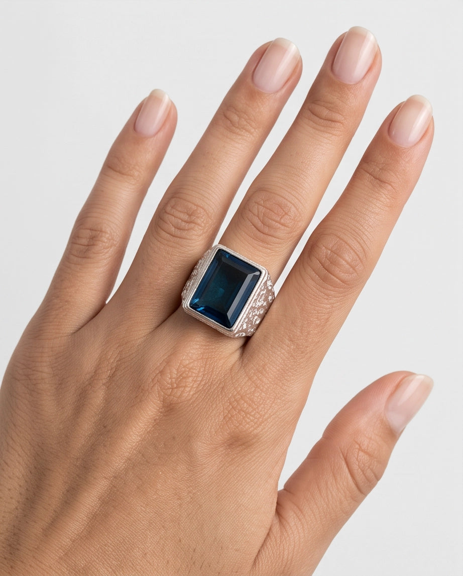 Ocean Blue Emerald-Cut Gemstone Stippled Silver Ring