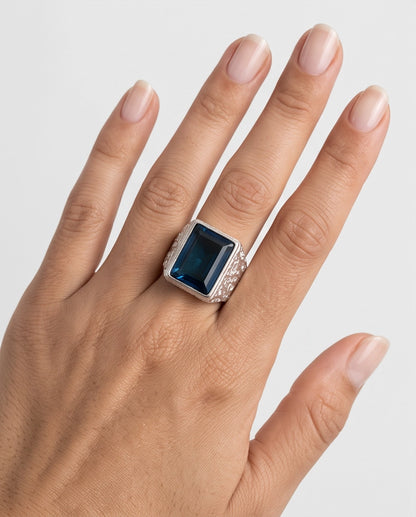 Ocean Blue Emerald-Cut Gemstone Stippled Silver Ring