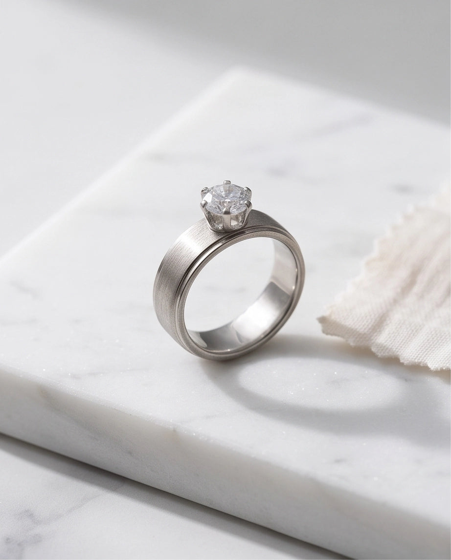 Silver Round Gemstone Brushed Solitaire Ring