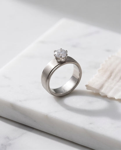 Silver Round Gemstone Brushed Solitaire Ring
