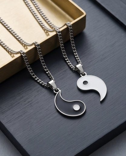 Silver Yin Yang Couple Enamel Pendant Necklace Set