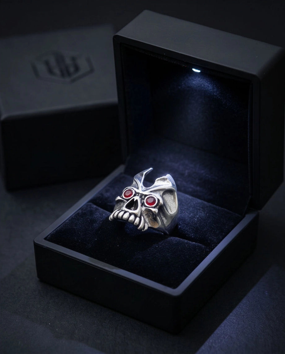 Ruby-Eyed Horned Demon Skull Ring
