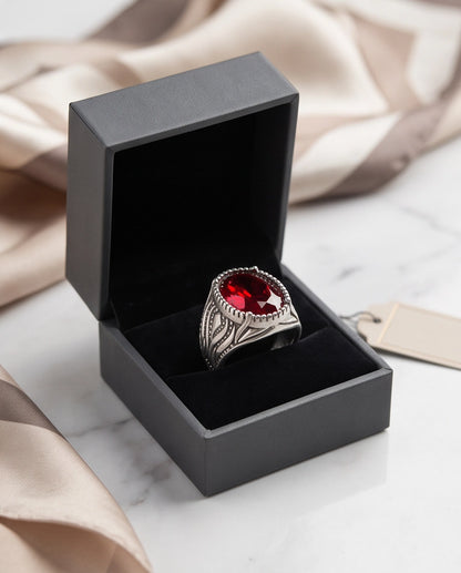 Garnet Gemstone Beaded Frame Flame Silver Ring