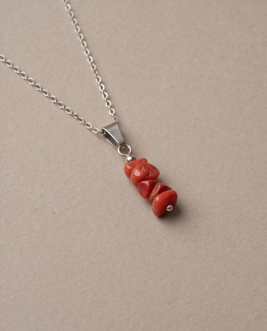 Silver Stacked Raw Red Agate Chip Stone Pendant Necklace