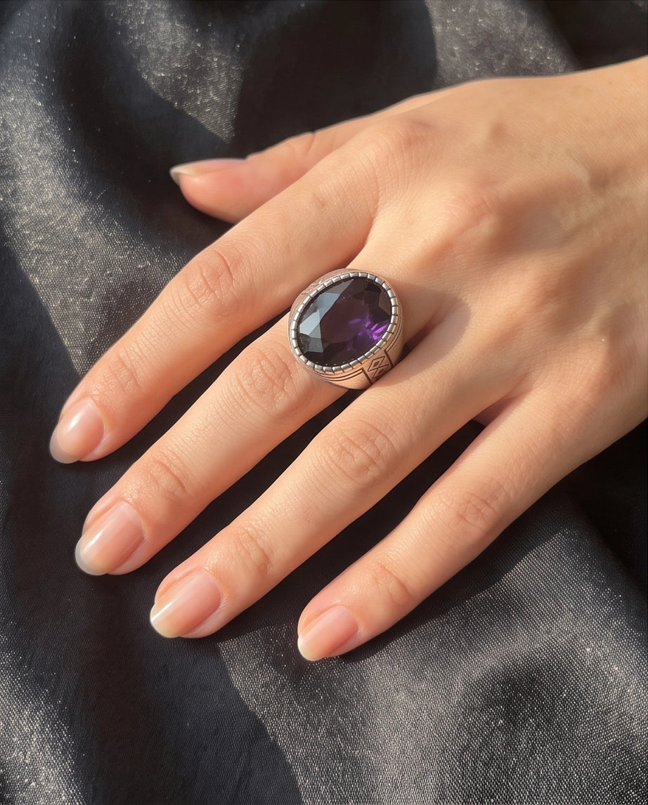 Amethyst Gemstone Notched Bezel Geometric Diamond Silver Ring