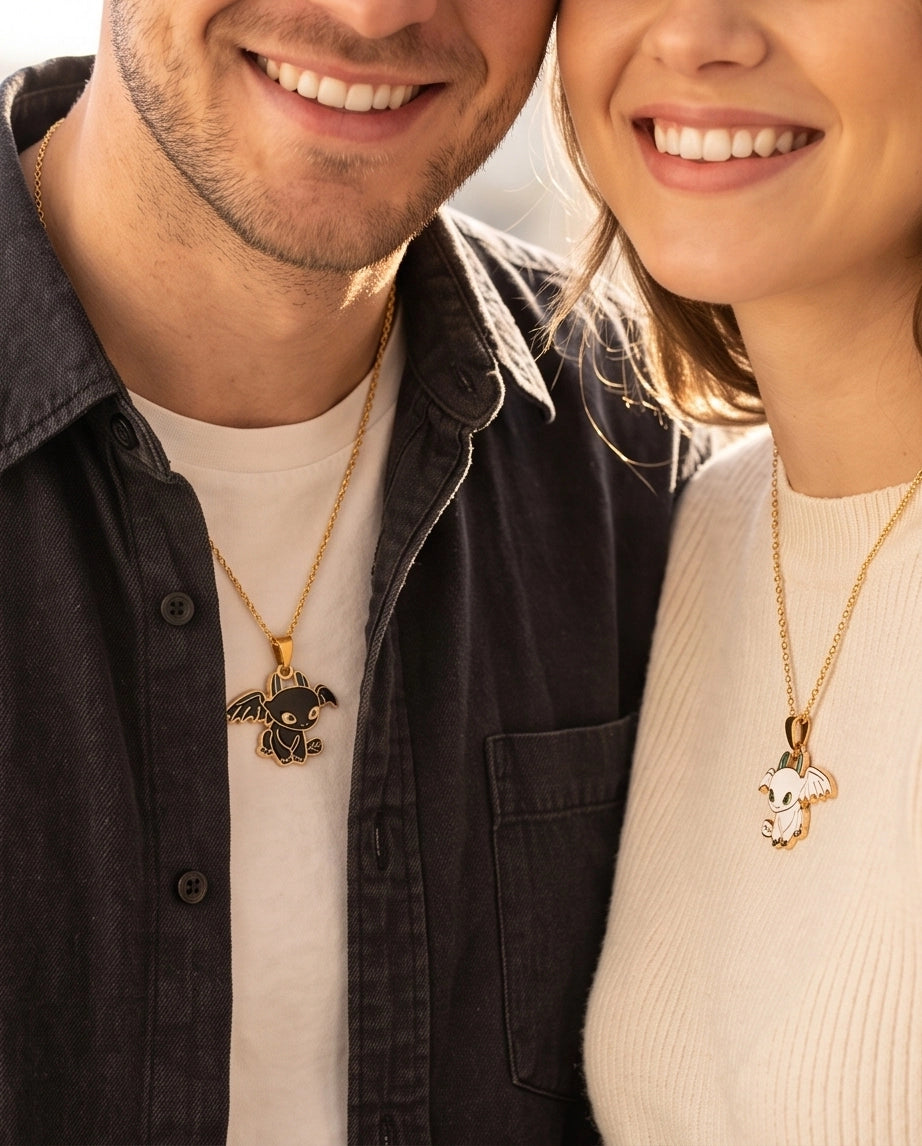 Gold Dragon Couple Enamel Pendant Necklace Set
