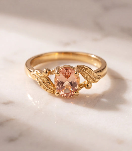 Golden Peach Morganite Botanical Leaf Ring