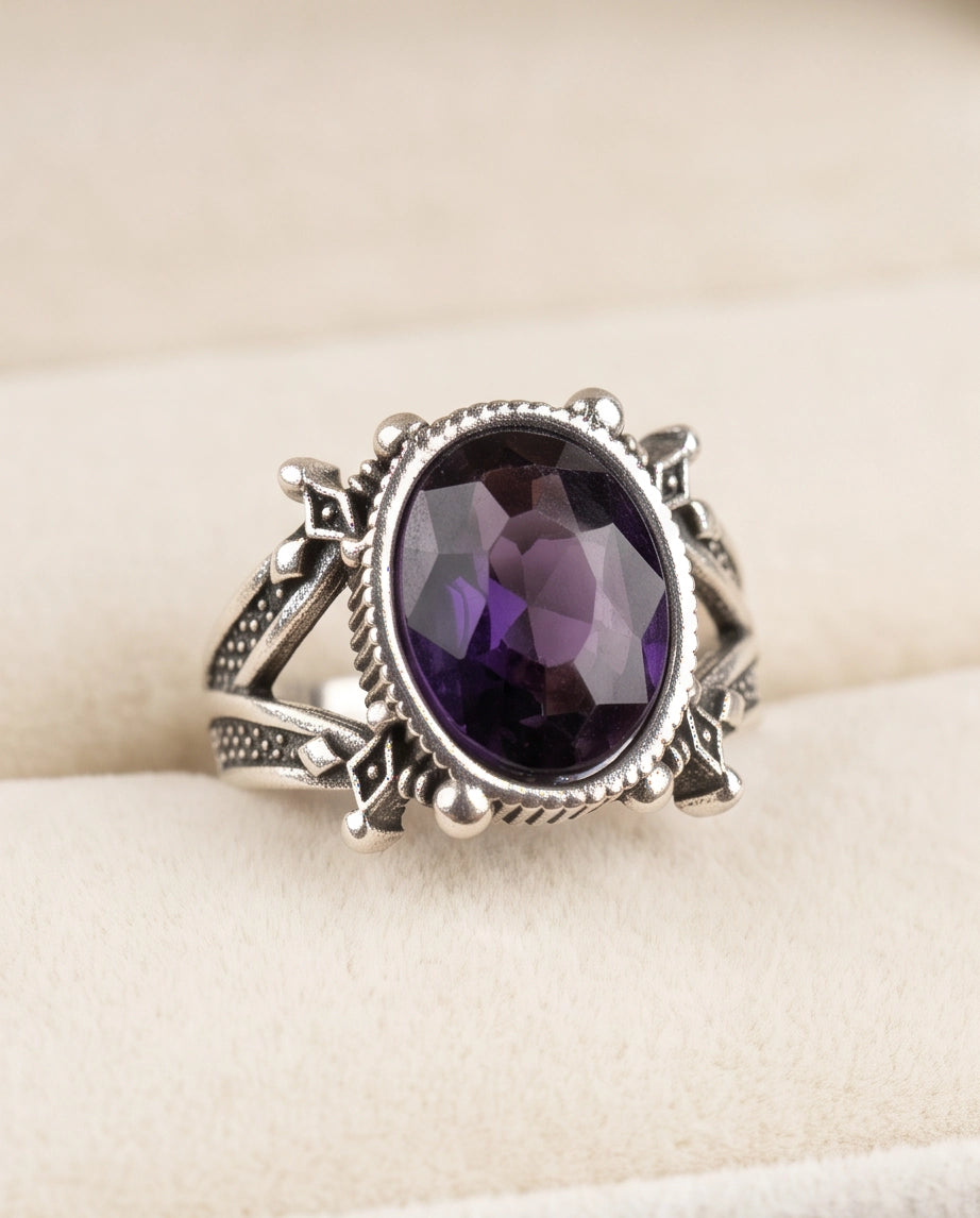 Amethyst Gemstone Fluted Bezel Sword-Cross Silver Ring