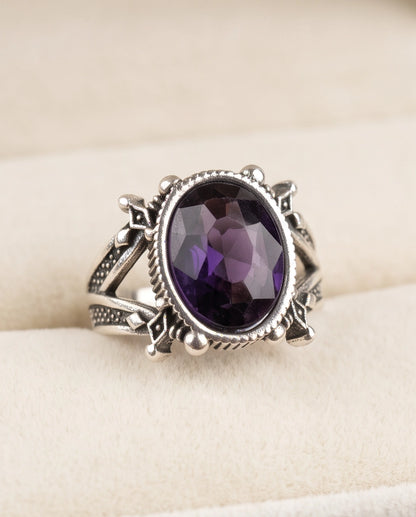 Amethyst Gemstone Fluted Bezel Sword-Cross Silver Ring