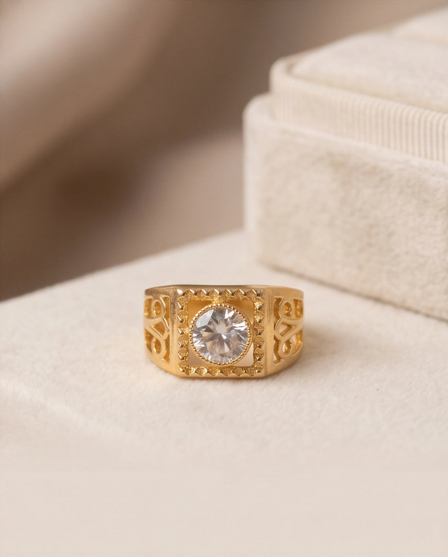 Brilliant Round Cut Sawtooth Filigree Scroll Gold Ring