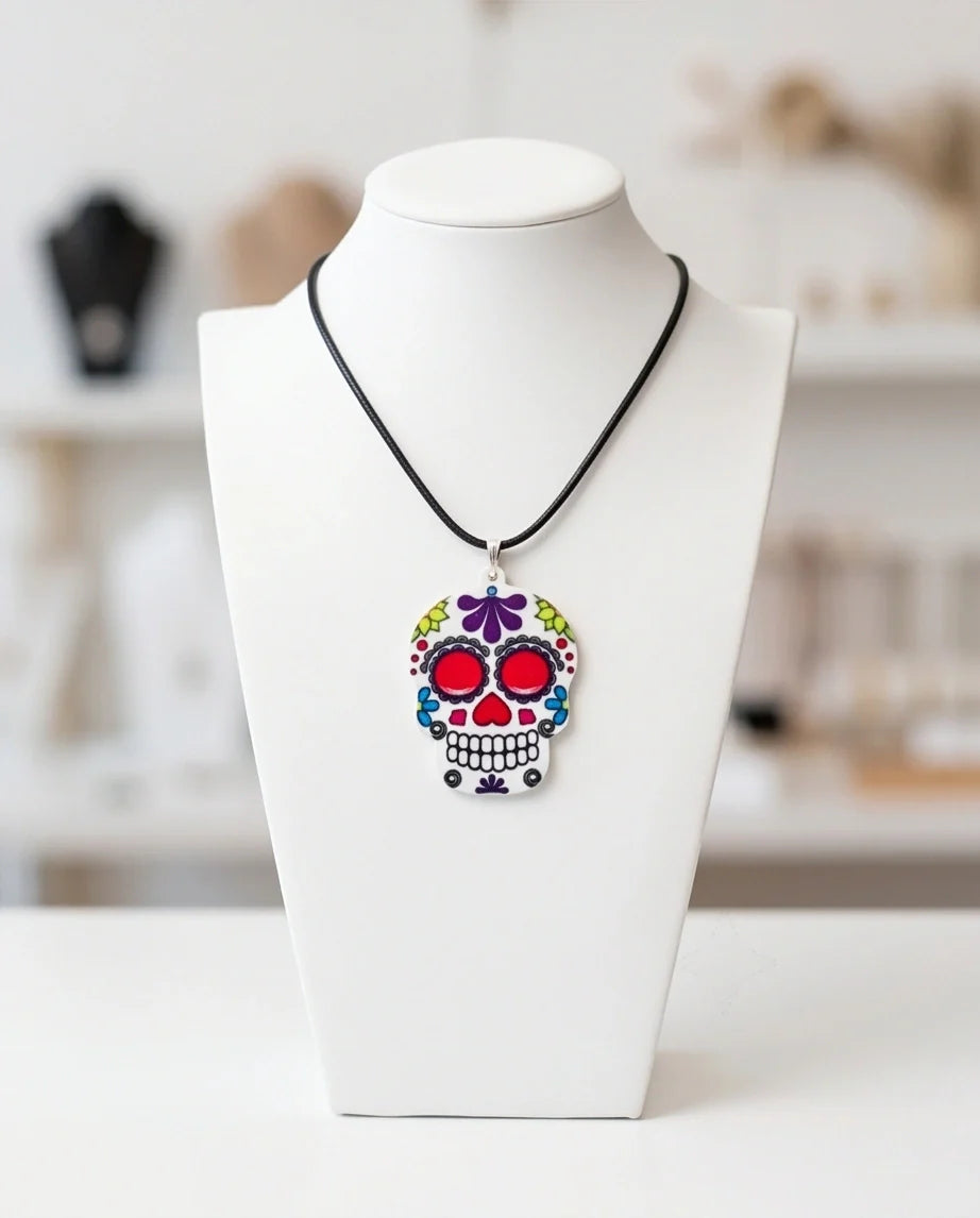 Vibrant Sugar Skull Día de los Muertos Pendant Necklace