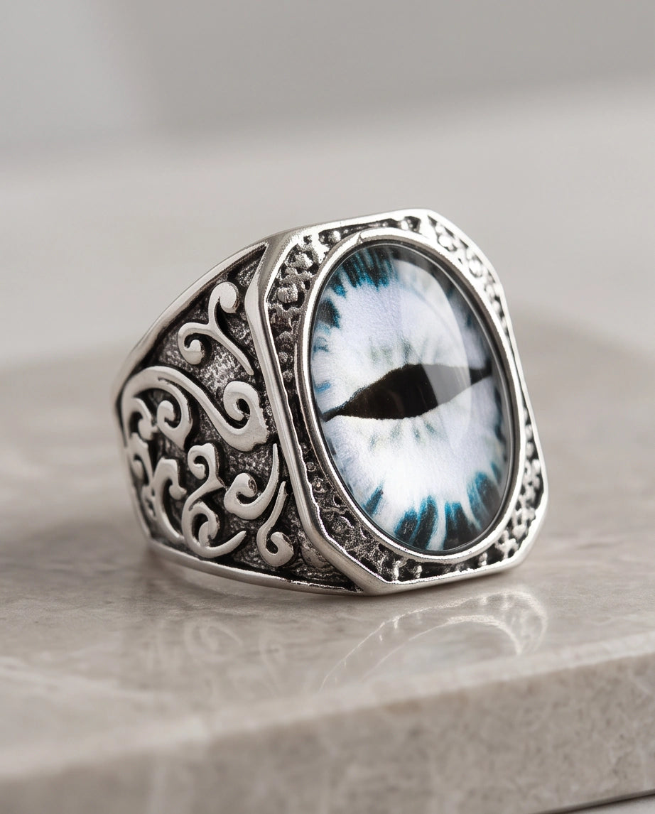 Frost Slit-Pupil Ornate Silver Ring