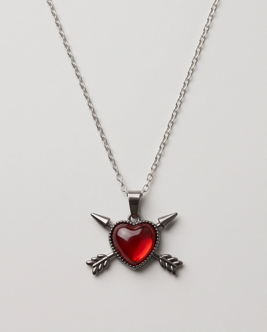 Silver Crossed Arrows Red Heart Gem Pendant Necklace
