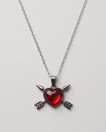 Silver Crossed Arrows Red Heart Gem Pendant Necklace