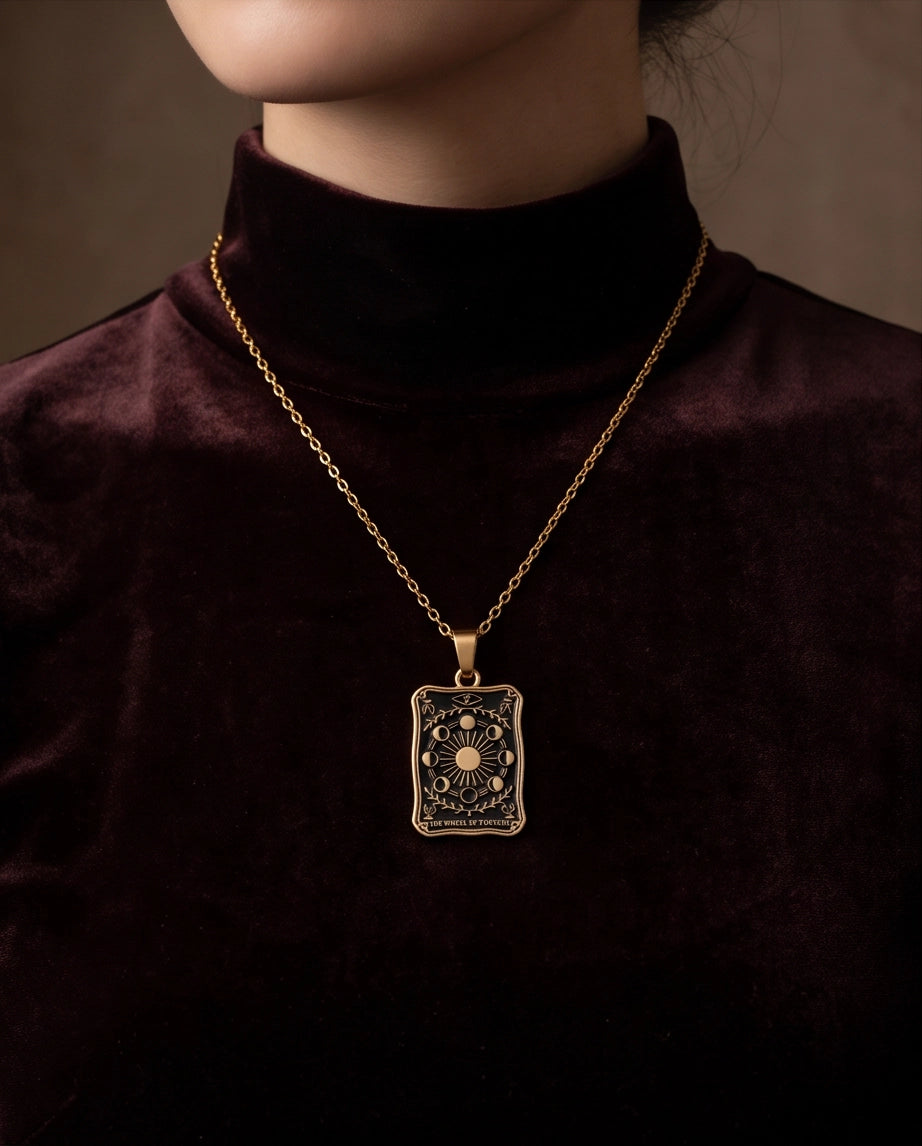 Gold "The Wheel of Fortune" Tarot Card Pendant Necklace