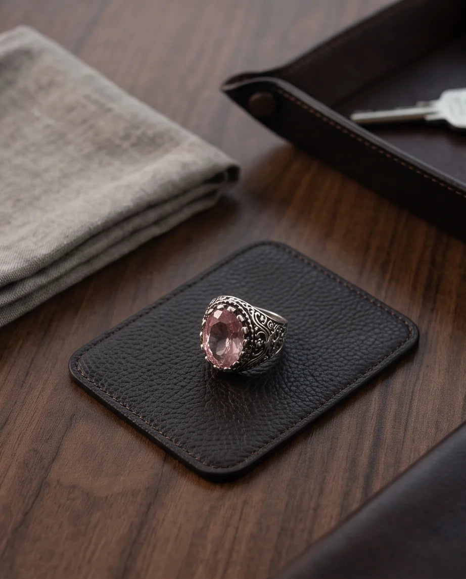 Morganite Gemstone Notched Bezel Scrollwork Silver Ring