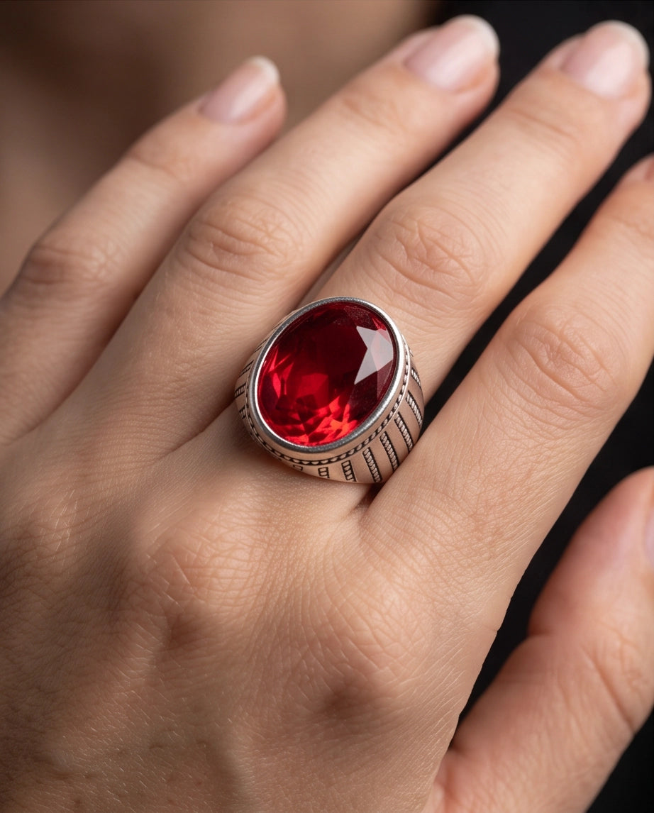 Ruby Gemstone Beaded Surround Vertical Ribbed Silver Ring
