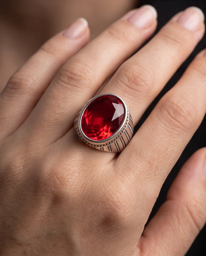 Ruby Gemstone Beaded Surround Vertical Ribbed Silver Ring