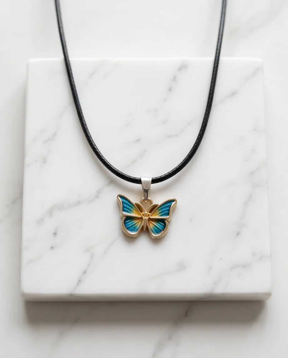 Teal & Gold Butterfly Pendant Necklace