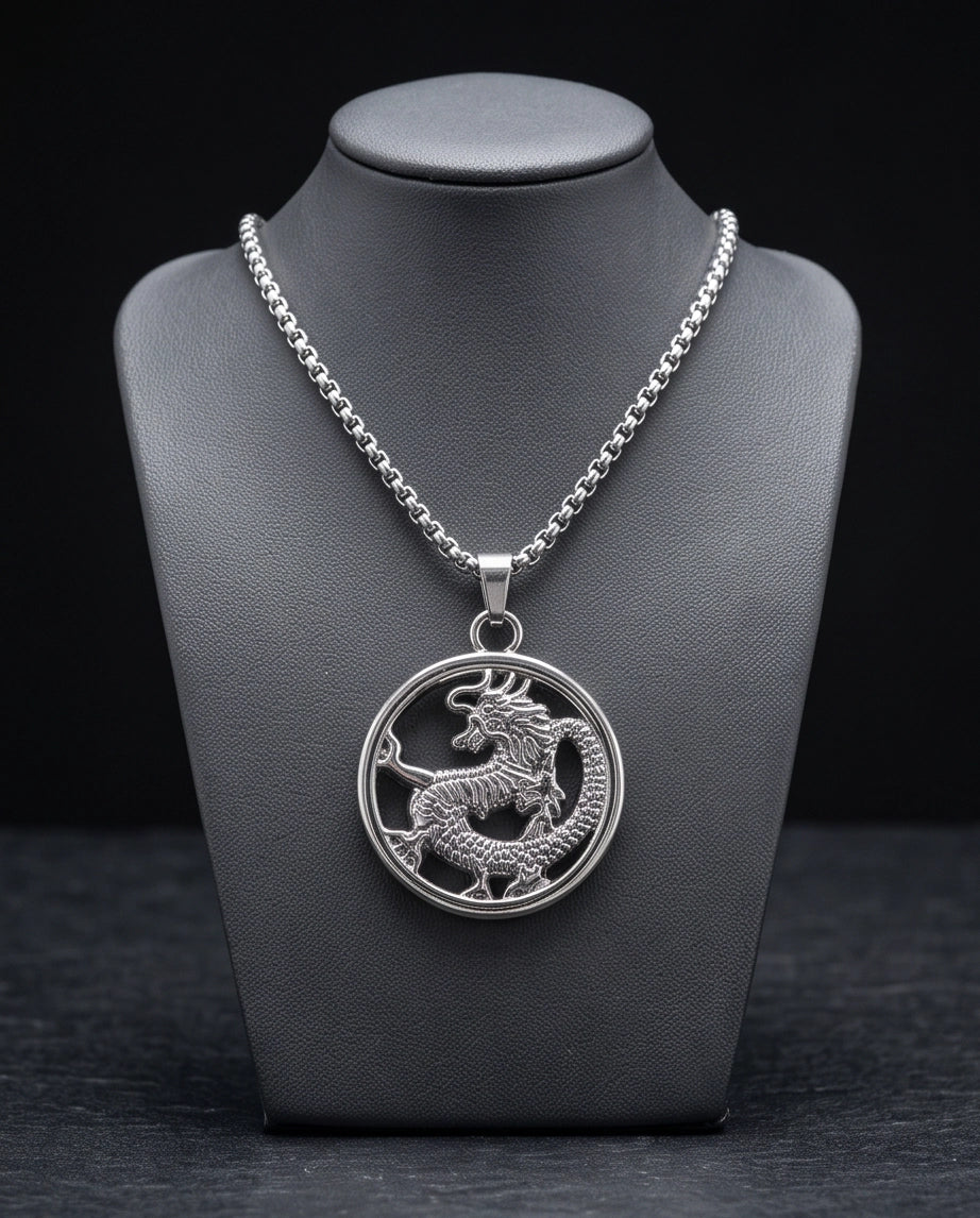 Silver Circular Dragon Medallion Pendant Necklace