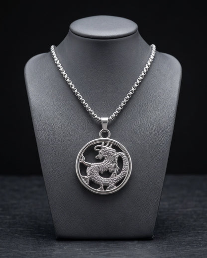 Silver Circular Dragon Medallion Pendant Necklace
